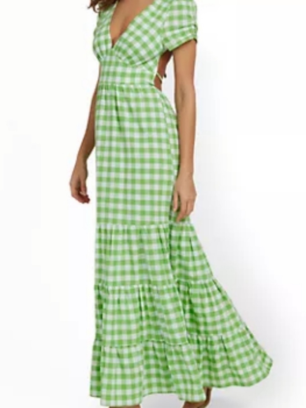 Green & White Gingham Open Back V-Neck Tiered Skirt Maxi Dress Womens Size Small